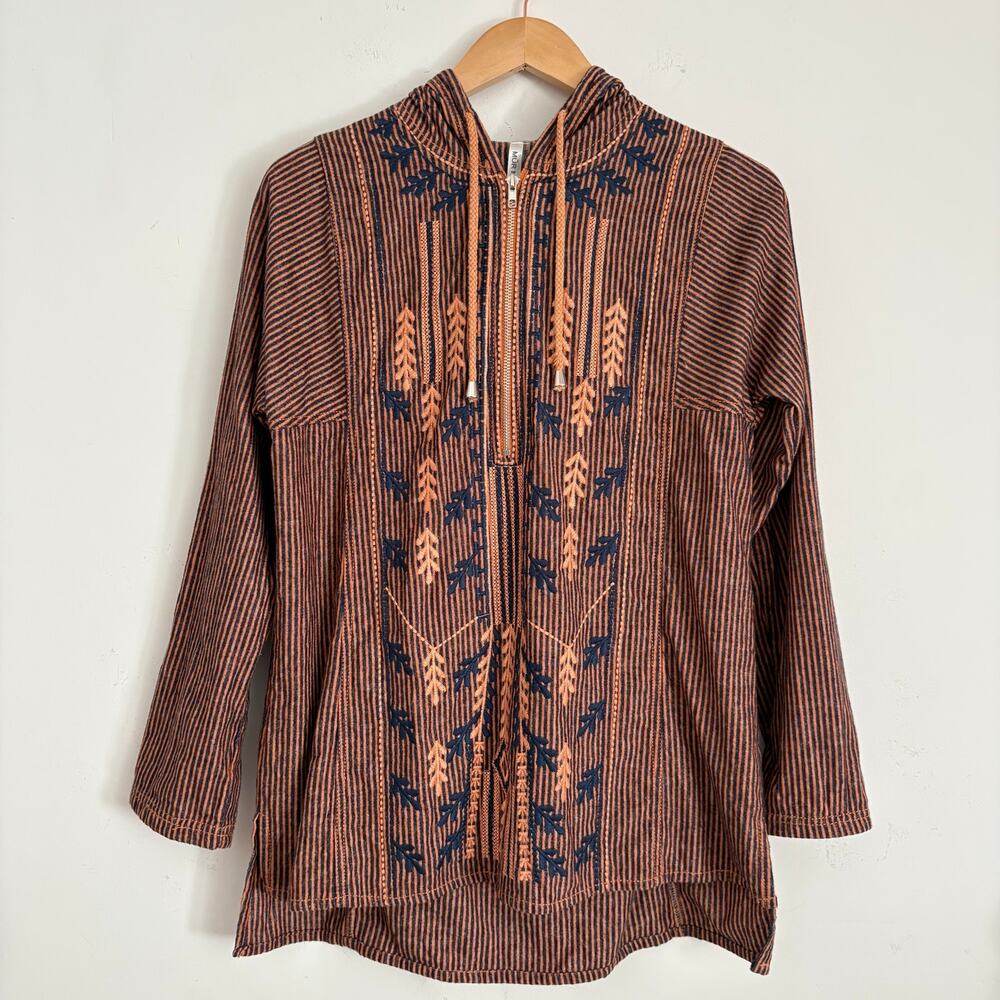 Anthropologie MurMur Boho Hoodie Women’s S Embroidered Orange Blue Striped Top